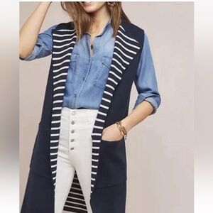 Anthropologie MOTH Navy Stripe Pop Print Longline Cardigan Vest Duster O/S